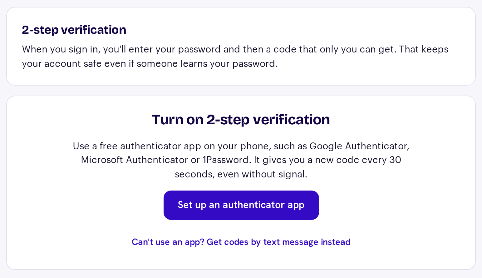 The 2-step verification page, with a button to set up an authenticator app and a link to get codes by text message instead